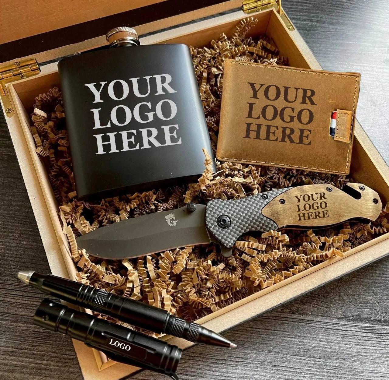 Custom laser engraved flask, wallet and knife gift set by K Creating Crafts