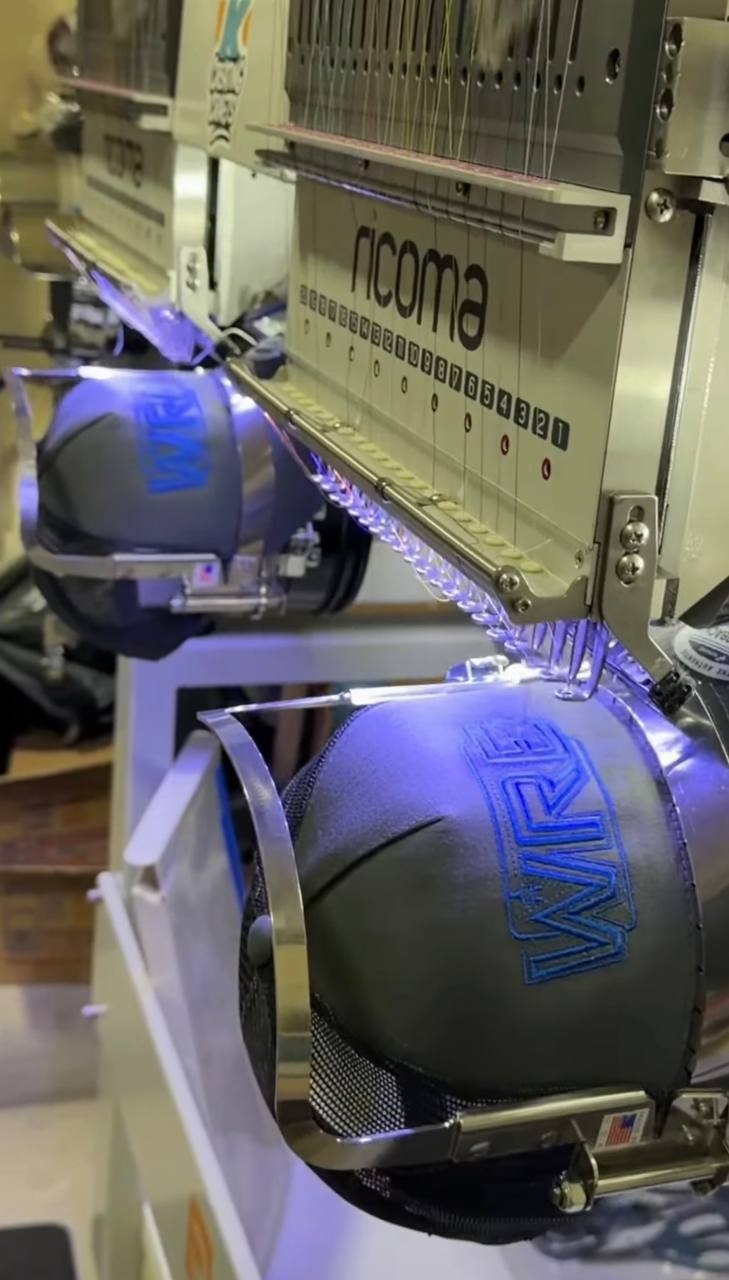 WRE Wired Right Electrical custom hats on Ricoma embroidery machine at K Creating Crafts