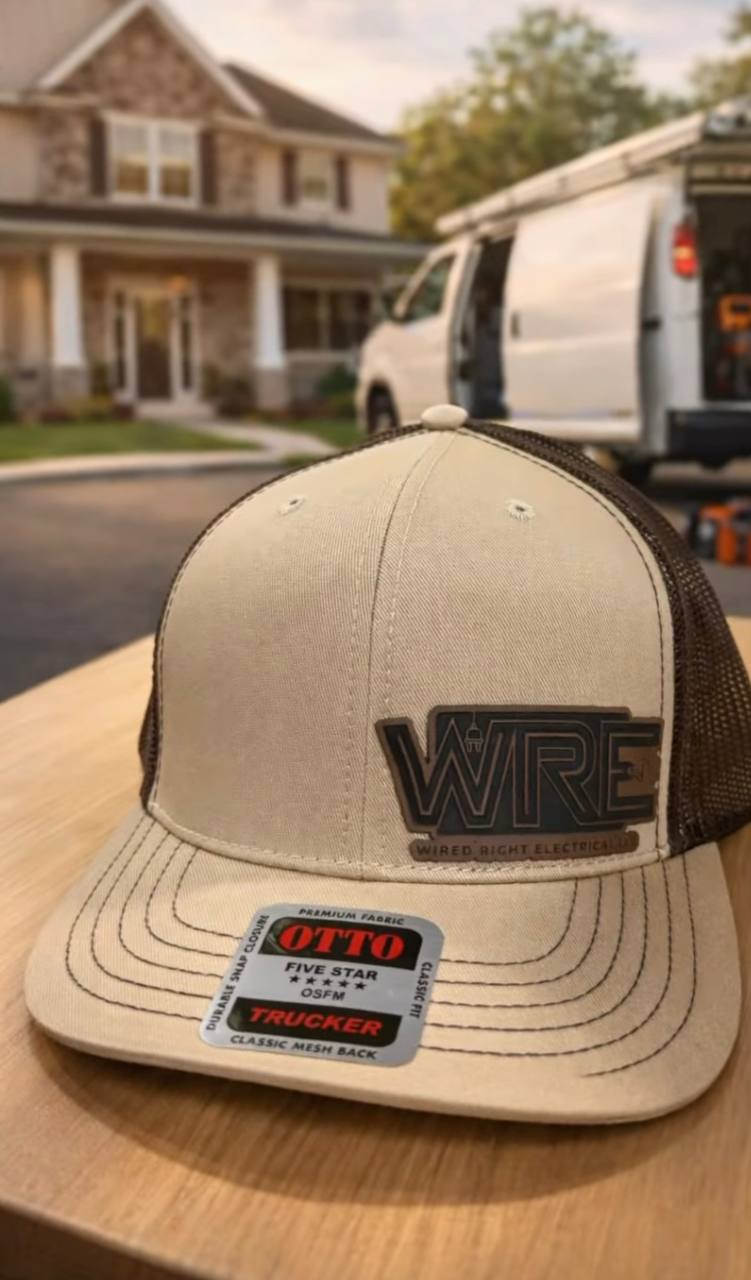 WRE Wired Right Electrical premium Otto trucker hat with leather patch by K Creating Crafts